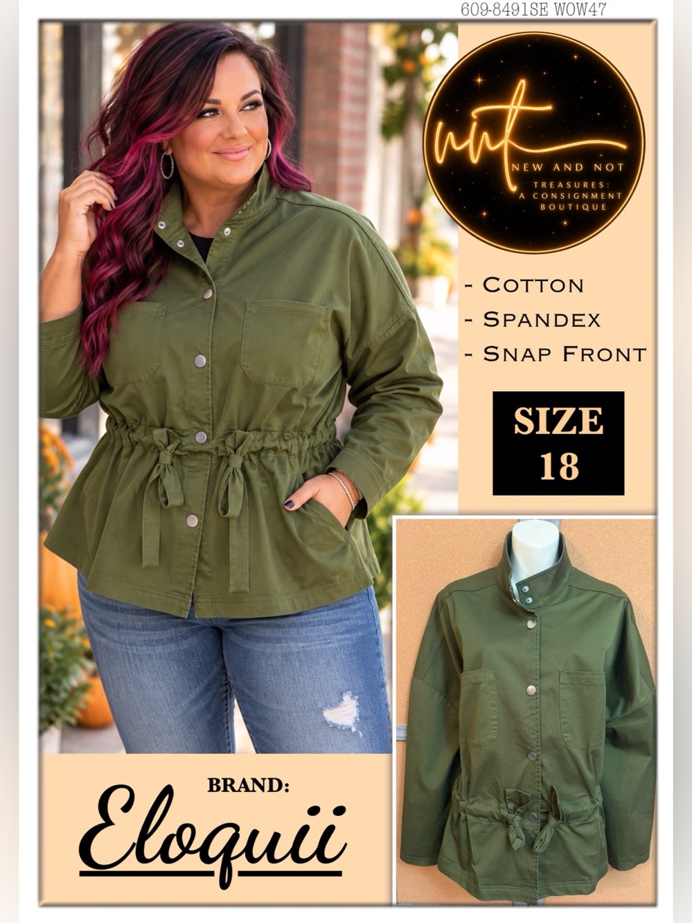 Eloquii Olive Green Utility Jacket Women’s Size 18 Snap Front Tie Waist